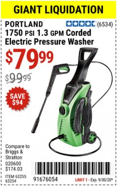 Harbor Freight Coupon PORTLAND 1750 PSI ELECTRIC PRESSURE WASHER Lot No. 63255 Expired: 9/30/20 - $78.99