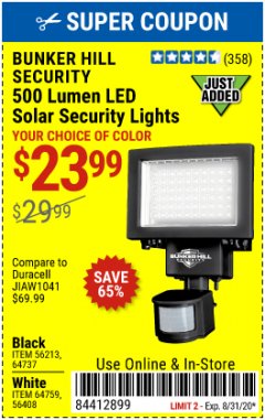 Harbor Freight Coupon 500 LUMEN LED SOLAR SECURITY LIGHTS Lot No. 56408/64759/56213/64737 Expired: 8/31/20 - $23.99