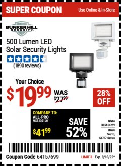 Harbor Freight Coupon 500 LUMEN LED SOLAR SECURITY LIGHTS Lot No. 56408/64759/56213/64737 Expired: 8/18/22 - $19.99