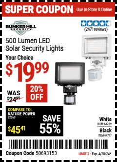 Harbor Freight Coupon 500 LUMEN LED SOLAR SECURITY LIGHTS Lot No. 56408/64759/56213/64737 Expired: 4/22/24 - $19.99