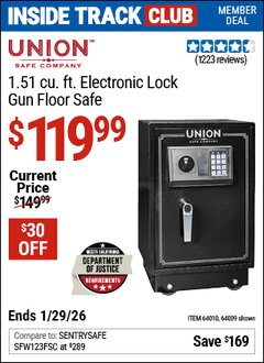 Harbor Freight ITC Coupon UNION SAFE COMPANY 1.51 CU. FT. ELECTRONIC LOCK GUN FLOOR SAFE Lot No. 64009/64010 Valid Thru: 1/29/26 - $119.99