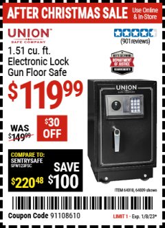 Harbor Freight Coupon 1.51 CUBIC FT. ELECTRONIC GUN FLOOR SAFE Lot No. 64010/64009 Expired: 1/8/23 - $119.99