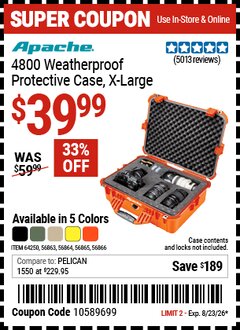 Harbor Freight Coupon APACHE 4800 WEATHERPROOF PROTECTIVE CASE, X-LARGE Lot No. 56863/56864/56865/56866/64250 Expired: 8/23/26 - $39.99