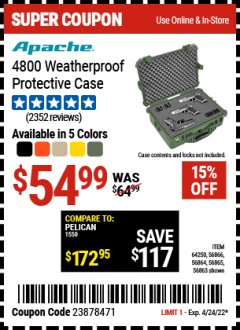 Harbor Freight Coupon ULTRA-LIGHT, CRUSH-PROOF WEATHER-RESISTANT LOCKABLE CASES Lot No. 64250/56865/56866/56864/56863 Expired: 4/24/22 - $54.99