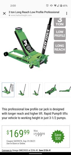 Harbor Freight Coupon DAYTONA 3 TON LONG-REACH LOW-PROFILE PROFESSIONAL FLOOR JACK WITH RAPID PUMP Lot No. 56641/64241/64781/64785 Expired: 1/28/21 - $169.99