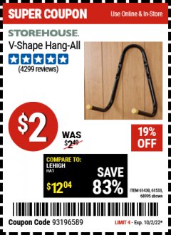 Harbor Freight Coupon STOREHOUSE V-SHAPE HANG-ALL Lot No. 38442, 61430, 61533, 68995 Expired: 10/2/22 - $2