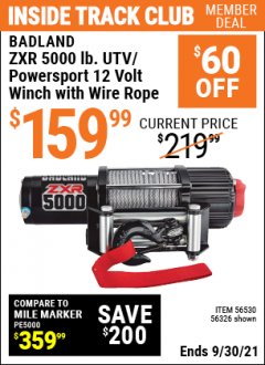 Harbor Freight ITC Coupon BADLAND ZXR 5000 LB. UTV/POWERSPORT WINCH WITH AUTOMATIC LOAD-HOLDING BRAKE Lot No. 56326/56530 Expired: 9/30/21 - $159.99