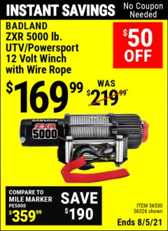 Harbor Freight Coupon BADLAND ZXR 5000 LB. UTV/POWERSPORT WINCH WITH AUTOMATIC LOAD-HOLDING BRAKE Lot No. 56326/56530 Expired: 8/5/21 - $169.99