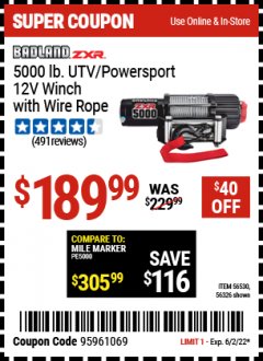 Harbor Freight Coupon BADLAND ZXR 5000 LB. UTV/POWERSPORT WINCH WITH AUTOMATIC LOAD-HOLDING BRAKE Lot No. 56326/56530 Expired: 6/2/22 - $189.99