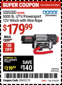 Harbor Freight Coupon BADLAND ZXR 5000 LB. UTV/POWERSPORT WINCH WITH AUTOMATIC LOAD-HOLDING BRAKE Lot No. 56326/56530 Expired: 5/14/23 - $179.99