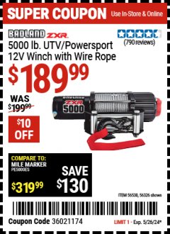 Harbor Freight Coupon BADLAND ZXR 5000 LB. UTV/POWERSPORT WINCH WITH AUTOMATIC LOAD-HOLDING BRAKE Lot No. 56326/56530 Expired: 5/26/24 - $189.99