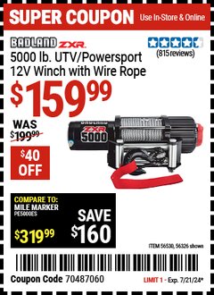 Harbor Freight Coupon BADLAND ZXR 5000 LB. UTV/POWERSPORT WINCH WITH AUTOMATIC LOAD-HOLDING BRAKE Lot No. 56326/56530 Expired: 7/21/24 - $159.99