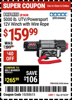 Harbor Freight Coupon BADLAND ZXR 5000 LB. UTV/POWERSPORT WINCH WITH AUTOMATIC LOAD-HOLDING BRAKE Lot No. 56326/56530 Expired: 8/15/24 - $159.99