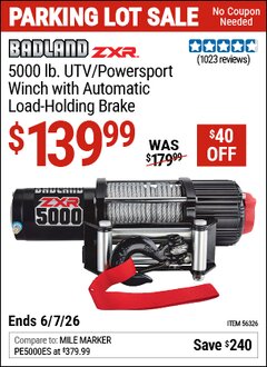 Harbor Freight Coupon BADLAND ZXR 5000 LB. UTV/POWERSPORT WINCH WITH AUTOMATIC LOAD-HOLDING BRAKE Lot No. 56326/56530 EXPIRES: 6/7/26 - $139.99