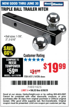 Harbor Freight Coupon TRIPLE BALL TRAILER HITCH Lot No. 64311/64286 Expired: 6/30/20 - $19.99