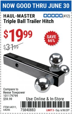 Harbor Freight Coupon TRIPLE BALL TRAILER HITCH Lot No. 64311/64286 Expired: 6/30/20 - $19.99