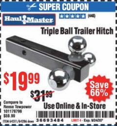 Harbor Freight Coupon TRIPLE BALL TRAILER HITCH Lot No. 64311/64286 Expired: 9/24/20 - $19.99