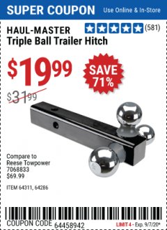 Harbor Freight Coupon TRIPLE BALL TRAILER HITCH Lot No. 64311/64286 Expired: 9/7/20 - $19.99