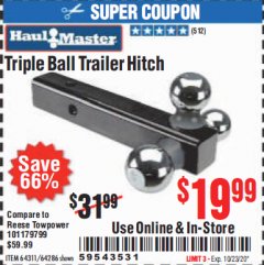 Harbor Freight Coupon TRIPLE BALL TRAILER HITCH Lot No. 64311/64286 Expired: 10/13/20 - $19.99