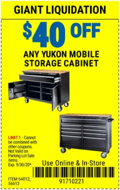 Harbor Freight PERCENT Coupon $30 OFF YUKON STORAGE CABINETS Lot No. 56613, 64012, 64023 Expired: 9/30/20 - $0