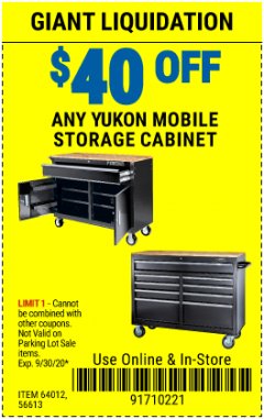 Harbor Freight PERCENT Coupon $30 OFF YUKON STORAGE CABINETS Lot No. 56613/64012/64023 Expired: 9/30/20 - $0
