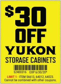 Harbor Freight Coupon $30 OFF YUKON STORAGE CABINETS Lot No. 56613/64012/64023 Expired: 6/30/20 - $30