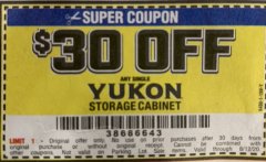 Harbor Freight Coupon $30 OFF YUKON STORAGE CABINETS Lot No. 56613, 64012, 64023 Expired: 8/12/20 - $30