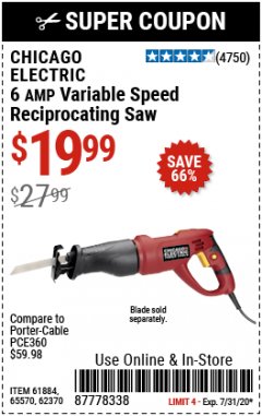 Harbor Freight Coupon CHICAGO ELECTRIC 6AMP VARIABLE SPEED RECIPROCATING SAW Lot No. 65570 Expired: 7/31/20 - $19.99