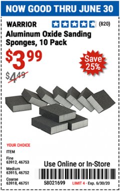 Harbor Freight Coupon LIFETIME ALUMINUM OXIDE SANDING SPONGES PACK OF 10 Lot No. 46751/63918/46752/63915/63912/46753 Expired: 6/30/20 - $3.99