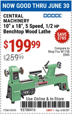 Harbor Freight Coupon 10" X 18", 5 SPEED, 1/2 HP BENCHTOP WOOD LATHE Lot No. 65345 Expired: 6/30/20 - $199.99