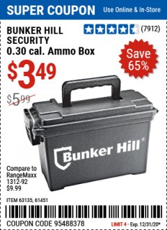 Harbor Freight Coupon BUNKER HILL SECURITY AMMO DRY BOX Lot No. 63135, 61451 Expired: 12/31/20 - $3.49