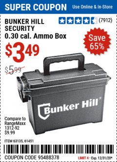 Harbor Freight Coupon BUNKER HILL SECURITY AMMO DRY BOX Lot No. 63135/61451 Expired: 12/31/20 - $3.49