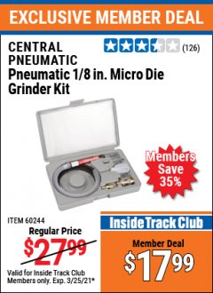Harbor Freight ITC Coupon 1/8" AIR DIE GRINDER Lot No. 47869/69745/60244 Expired: 3/25/21 - $17.99