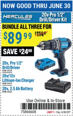 Harbor Freight Coupon HERCULES 20V PRO 1/2" DRILL/DRIVER KIT Lot No. 56534/56559/56562 Expired: 6/30/20 - $89.99