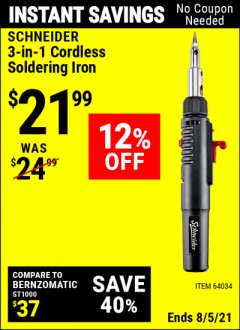 Harbor Freight Coupon SCHNEIDER CORDLESS SOLDERING IRON Lot No. 64034 Expired: 8/5/21 - $21.99