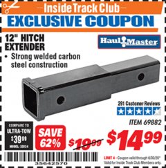 Harbor Freight ITC Coupon 12" HITCH EXTENDER Lot No. 69882 Expired: 6/30/20 - $14.99