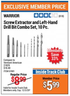 Harbor Freight ITC Coupon 10 PIECE SCREW EXTRACTOR AND LEFT-HAND DRILL BIT COMBO SET Lot No. 40349/61981/63987 Expired: 12/3/20 - $5.99