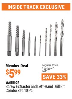 Harbor Freight ITC Coupon 10 PIECE SCREW EXTRACTOR AND LEFT-HAND DRILL BIT COMBO SET Lot No. 40349/61981/63987 Expired: 4/29/21 - $5.99