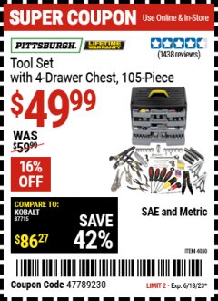 Harbor Freight Coupon PITTSBURGH TOOL KIT WITH 4 DRAWER CHEST Lot No. 4030,61591,69323,69380 Expired: 6/18/23 - $49.99