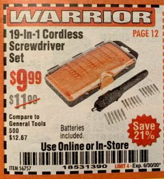 Harbor Freight Coupon 19-IN-1 CORDLESS SCREWDRIVER SET Lot No. 56757 Expired: 6/30/20 - $9.99