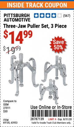 Harbor Freight ITC Coupon PITTSBURGH AUTOMOTIVE THREE-JAW PULLER SET, 3-PIECE Lot No. 63953 Expired: 8/31/20 - $14.99