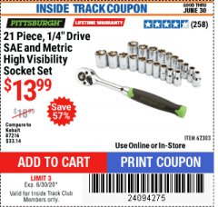 Harbor Freight ITC Coupon 21 PIECE, 1/4" DRIVE SAE AND METRIC HIGH VISIBILITY SOCKET SET Lot No. 62303 Expired: 6/30/20 - $13.99
