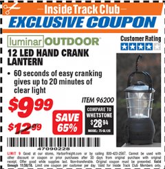 Harbor Freight ITC Coupon 12 LED HAND CRANK LANTERN Lot No. 96200 Expired: 11/30/18 - $9.99