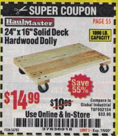 Harbor Freight Coupon 24&rdquo; X 16&rdquo; SOLID DECK HARDWOOD DOLLY Lot No. 56782 Expired: 7/5/20 - $14.99