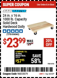 Harbor Freight Coupon 24&rdquo; X 16&rdquo; SOLID DECK HARDWOOD DOLLY Lot No. 56782 Expired: 6/2/22 - $23.99