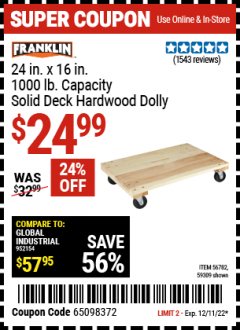 Harbor Freight Coupon 24&rdquo; X 16&rdquo; SOLID DECK HARDWOOD DOLLY Lot No. 56782 Expired: 12/11/22 - $24.99