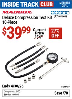 Harbor Freight Coupon MADDOX DELUXE COMPRESSION TEST KIT, 10-PIECE Lot No. 64917 Valid: 12/31/69 - 4/30/26 - $39.99