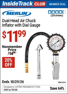 Harbor Freight ITC Coupon MERLIN DUAL-HEAD AIR CHUCK INFLATOR WITH DIAL GAUGE Lot No. 63544 Valid Thru: 10/29/26 - $11.99