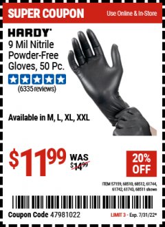 Harbor Freight Coupon HARDY 9 MIL INDUSTRIAL STRENGTH POWDER-FREE NITRILE GLOVES - PACK OF 50 Lot No. 617433 Expired: 7/31/22 - $11.99