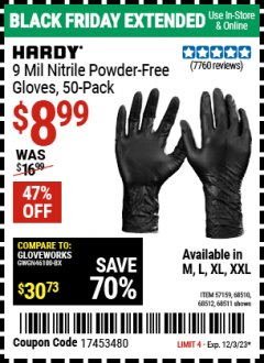 Harbor Freight Coupon HARDY 9 MIL INDUSTRIAL STRENGTH POWDER-FREE NITRILE GLOVES - PACK OF 50 Lot No. 617433 Expired: 12/3/23 - $8.99